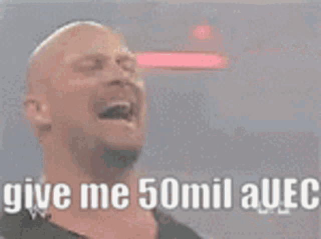 a bald man is standing in front of a sign that says give me 50 mil a ufc .
