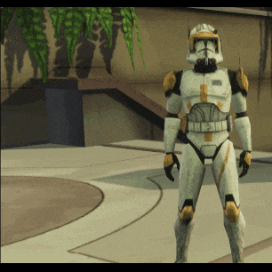 a clone trooper in a video game is standing in a courtyard