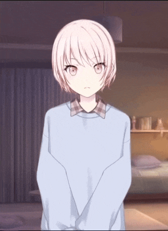 a girl with short white hair is wearing a blue sweater and plaid shirt