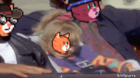 a pixel art of a person with a cat on their face and the words smfpurrs below it