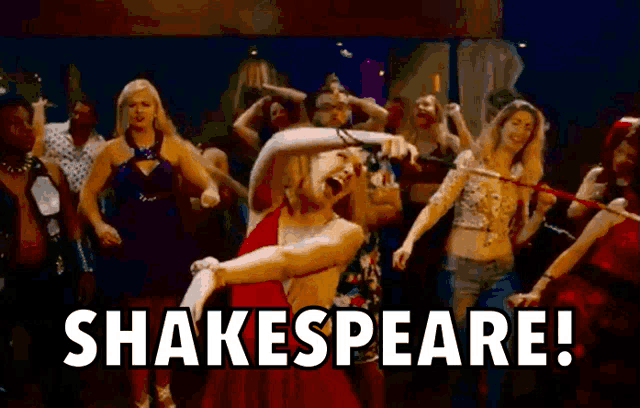 a group of people are dancing and the words shakespeare are visible