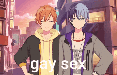 a couple of anime characters standing next to each other with the words gay sex written on the bottom