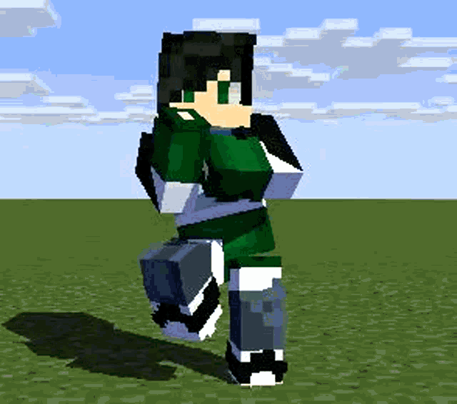 a minecraft character is standing in a field with a sword in his hand .