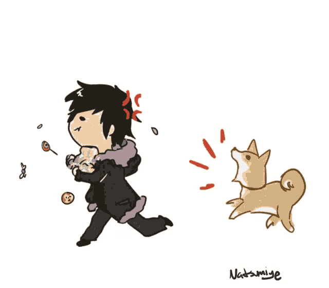 a cartoon drawing of a man running away from a dog with the name natsumige written on the bottom