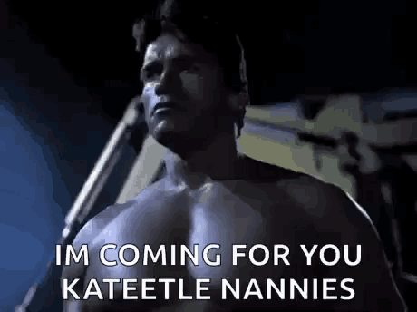 a shirtless man is standing in a dark room and saying `` i 'm coming for you katetle nannies ''