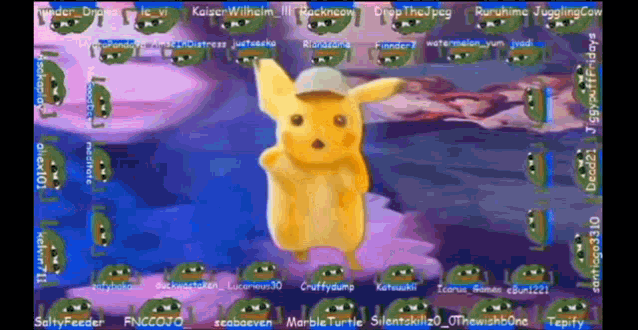 a cartoon of a pikachu wearing a hat is surrounded by a bunch of pepes