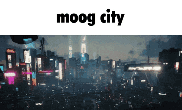 a picture of a futuristic city with the word moog city on the bottom