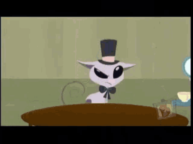 a cartoon cat wearing a top hat sitting at a table