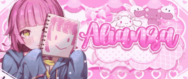 a girl with pink hair is holding a notebook in front of her face with the name aurora written in pink letters