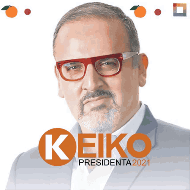 a man with glasses and a beard stands in front of a sign that says keiko