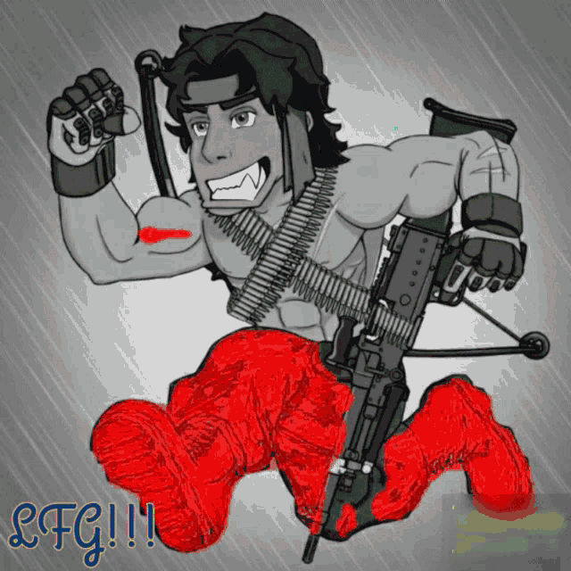 a drawing of a man holding a gun with the words lfg !!! below it