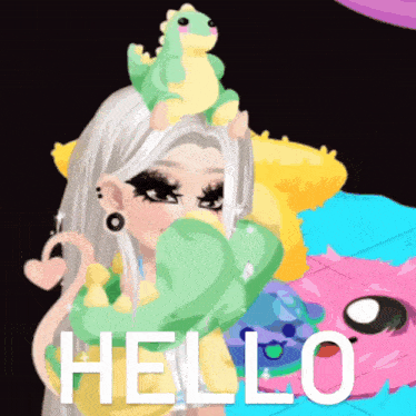 a girl with white hair and a green dinosaur on her head is surrounded by stuffed animals and says hello