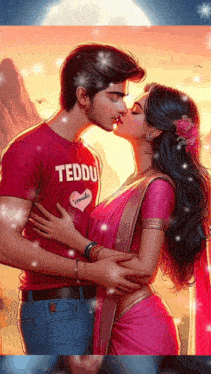 a man in a teddy t-shirt kisses a woman in a pink sari