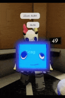 a cartoon character with a blue screen and a speech bubble that says zzzt-auh dude