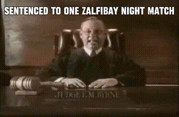 a judge sitting at a desk with the words sentenced to one zalfibay night match written on the bottom