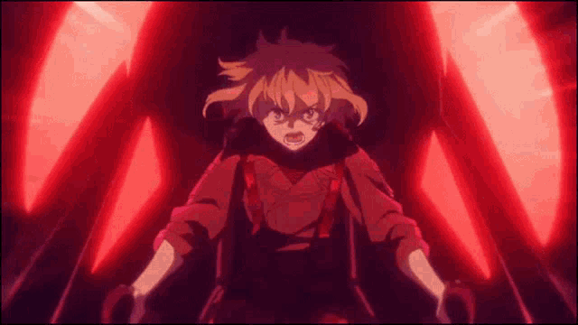 a girl with blonde hair is standing in a dark room with red lights