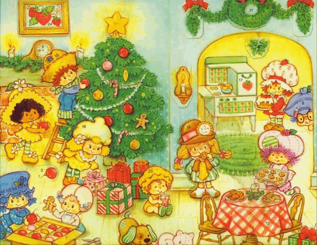 a strawberry shortcake christmas illustration with the number 21 on the wall