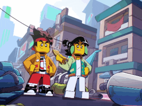 two lego characters standing next to each other in front of a building