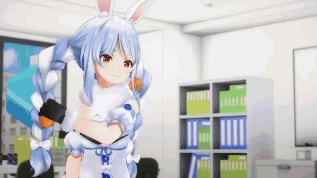 a 3d anime girl with bunny ears is standing in a room