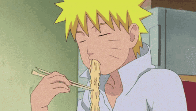 a cartoon character is eating noodles with chopsticks and a tv channel is visible in the background