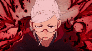 a woman with glasses and a cigarette in her mouth holds a sword