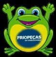 a green and yellow frog with its arms outstretched is a logo for friopecas .