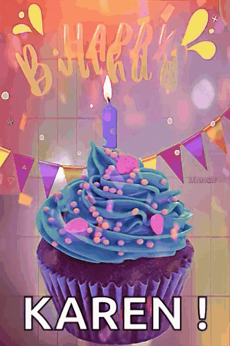 a cupcake with blue frosting and a lit candle with the name karen written on it