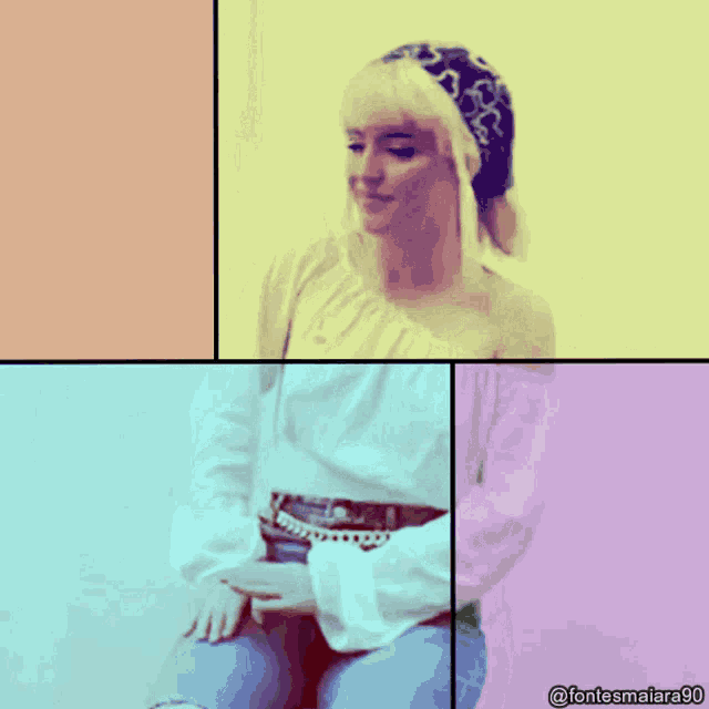 a woman in a white off the shoulder top and blue jeans is surrounded by colorful squares