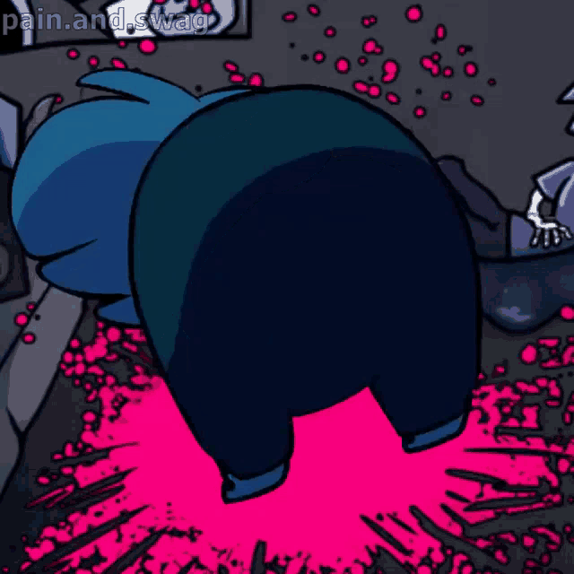 a cartoon of a person standing on a pink floor with the words pain and swag on the bottom right