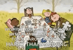 a cartoon of peanuts sitting around a table wishing you a beautiful day with family and friends
