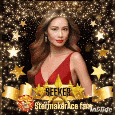 a woman in a red dress is surrounded by gold stars and the word seeker