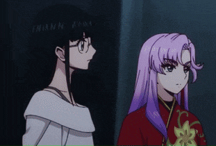 two anime characters are standing next to each other and one has glasses on