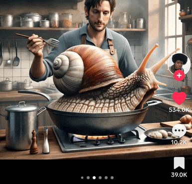 a snail is in a frying pan with a man holding a fork