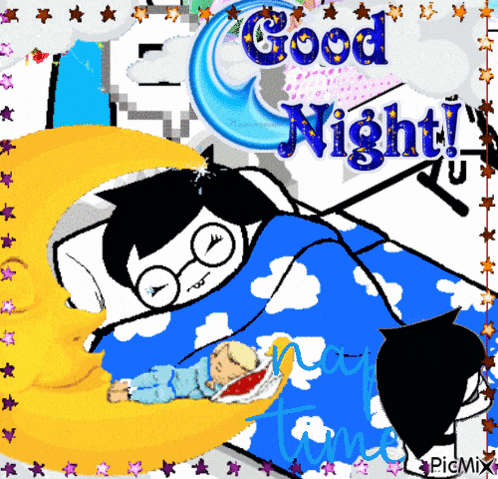 a cartoon of a boy sleeping under a crescent moon with the words good night written on it