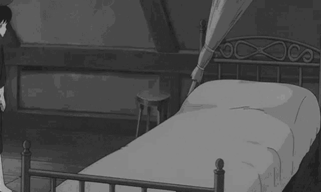 a black and white cartoon of a girl standing next to a bed in a room .