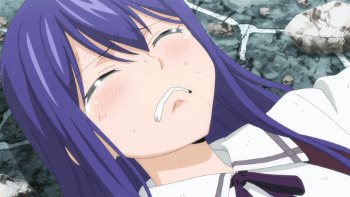 a girl with long purple hair is laying on the ground with her eyes closed