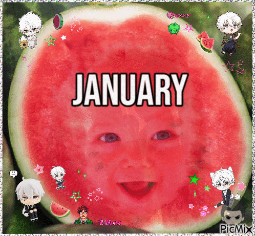 a picture of a baby in a slice of watermelon with the word january on it
