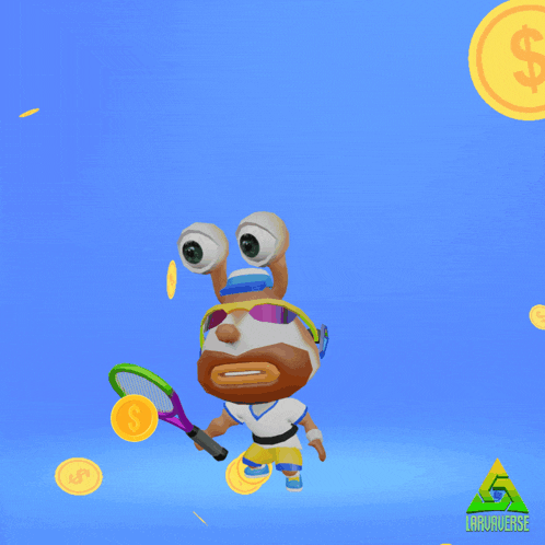a cartoon character holding a tennis racquet with the words airdrop written above him