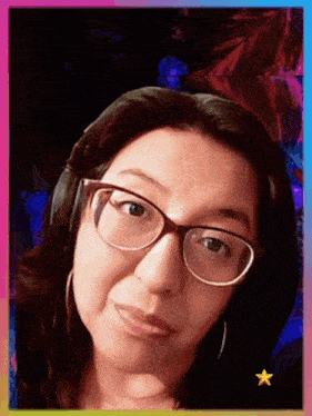 a painting of a woman wearing glasses and headphones with a star in the corner