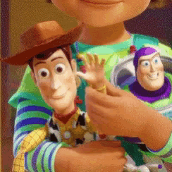 a toy story character is holding a woody and buzz lightyear doll