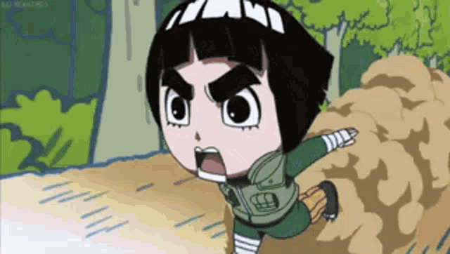 a cartoon character is running through a pile of dirt and trees .
