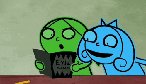 two cartoon characters are reading evil magazine together