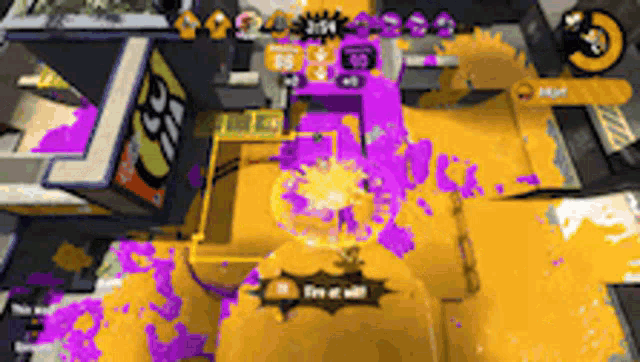 a video game is being played with a yellow and purple background
