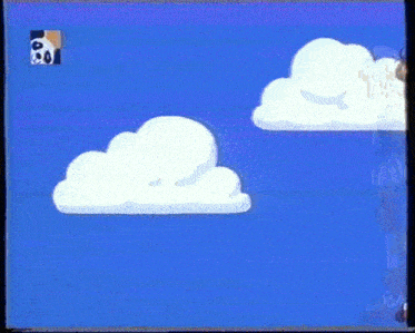 a girl is standing in front of a cloud with a panda on the bottom left