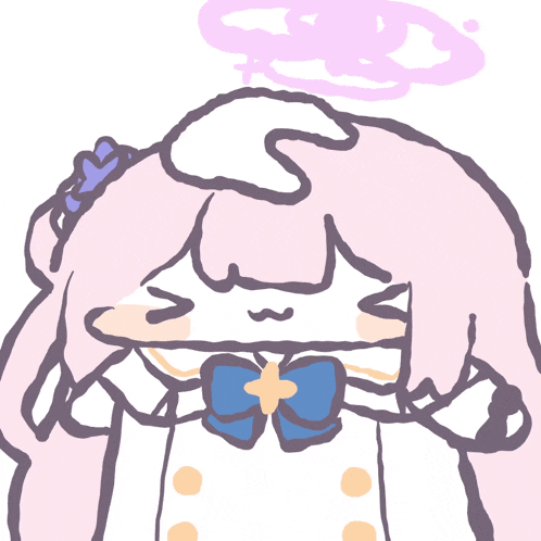 a drawing of a person with pink hair and a blue bow tie