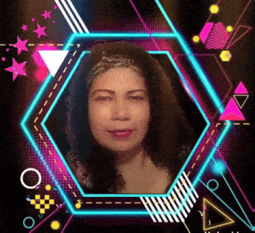 a woman is in a neon frame with geometric shapes around her