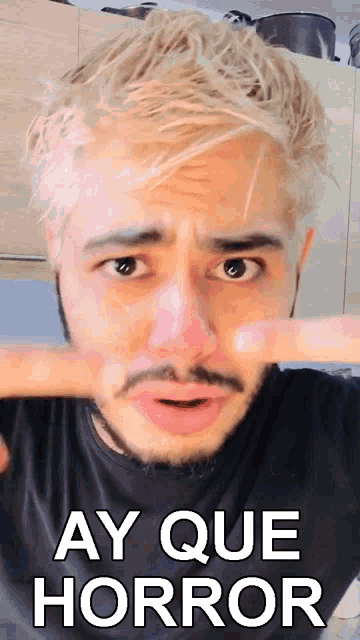 a man with blonde hair and a beard is making a funny face with the words ay que horror written below him