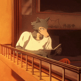 a cartoon wolf is reading a book while looking out a window