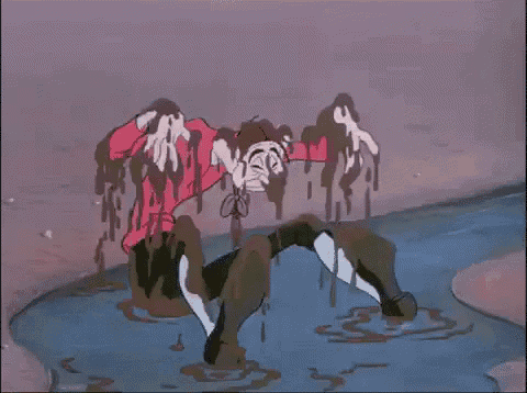 a cartoon character is standing in a muddy puddle