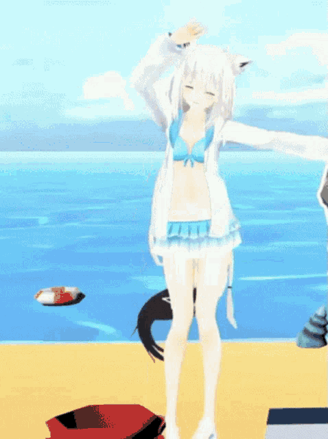 a white anime girl in a blue bikini is dancing on the beach